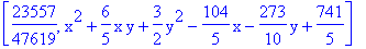 [23557/47619, x^2+6/5*x*y+3/2*y^2-104/5*x-273/10*y+741/5]